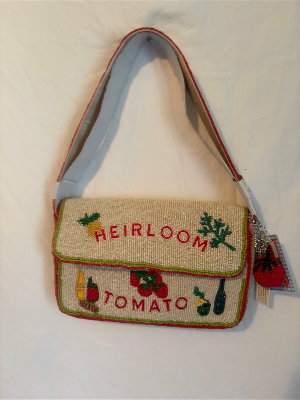 Heirloom Tomato Beaded Shoulder Bag with Tomato Charm. Handcrafted in India. NEW